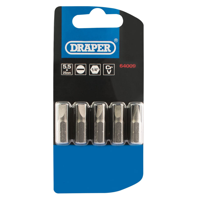 Draper Plain Slot Insert Bit, 5.5mm, 1/4" Hex, 25mm Long (Pack of 5) 64009 Draper - Dynamic Drive