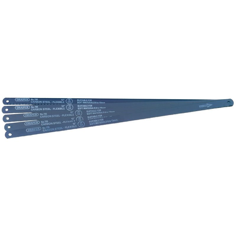 Draper Assorted Flexible Carbon Steel Hacksaw Blades, 300mm (Pack of 5) 74118 Draper - Dynamic Drive
