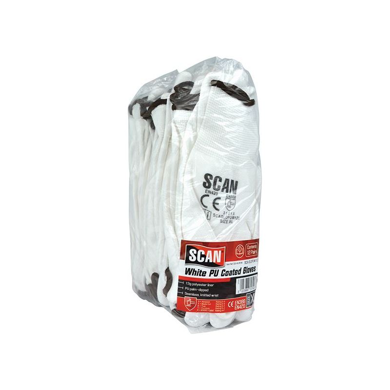 Scan White PU Coated Gloves - XL (Size 10) (Pack 12) Scan - Dynamic Drive
