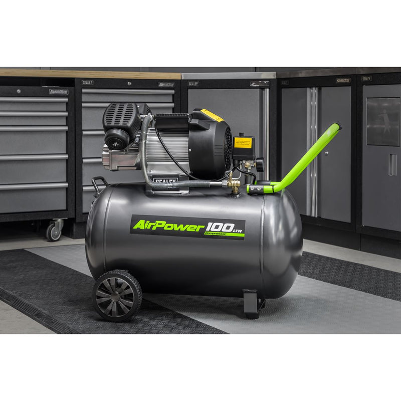 Sealey 100L Direct Drive V-Twin Air Compressor 3hp with Air Accessory Kit Sealey - Dynamic Drive