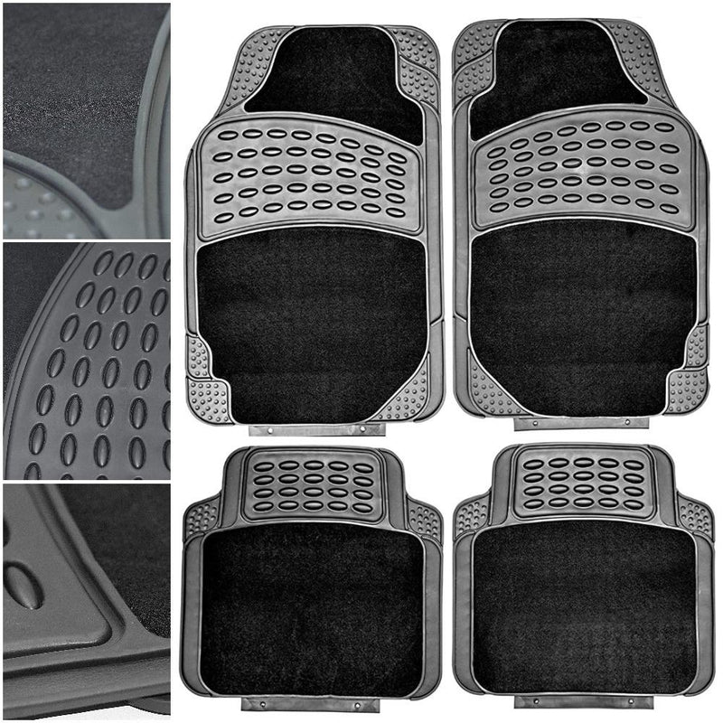4 PCS Car Mats Rubber & Carpet Black Universal Fit Heavy Duty Non Slip Sakura  - Dynamic Drive