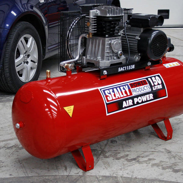 Sealey Air Compressor 150L Belt Drive 3hp with Cast Cylinders SAC1153B Sealey - Dynamic Drive