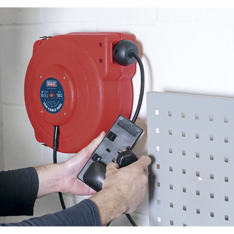 Sealey Cable Reel System Retractable 15m 2 x 230V Socket CRM15 Sealey - Dynamic Drive