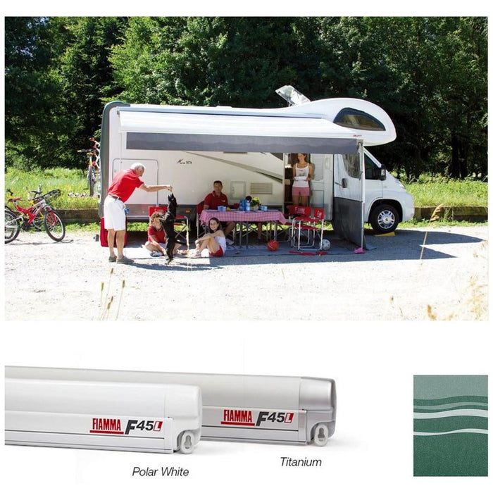 Fiamma Polar White F45L 450 Awning Evergreen Fabric (06530-01E) Winch Handle Wall Mounted Fiamma - Dynamic Drive