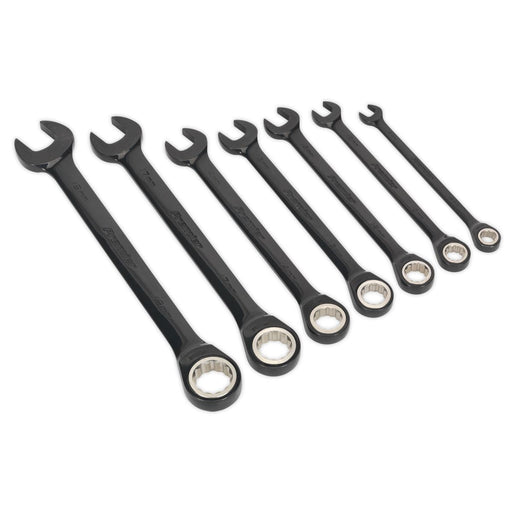 Sealey Premier Black Series 7pc Ratchet Combination Spanners Set 72 Tooth 8-19mm Sealey  - Dynamic Drive