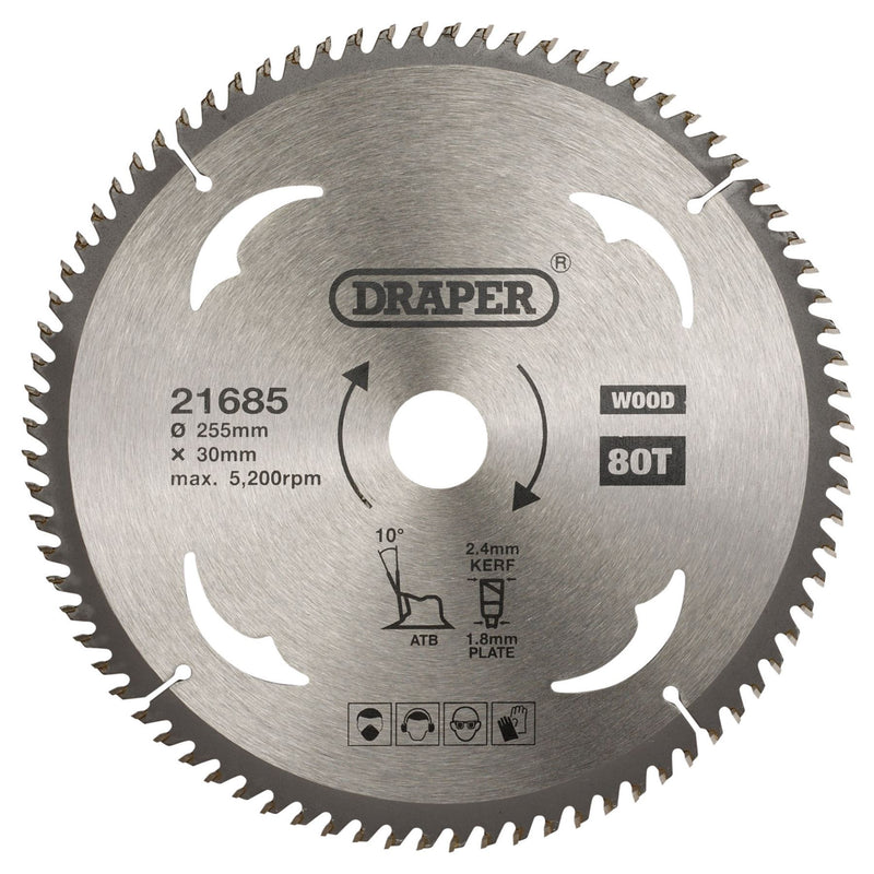 Draper TCT Circular Saw Blade for Wood, 255 x 30mm, 80T 21685 Draper - Dynamic Drive