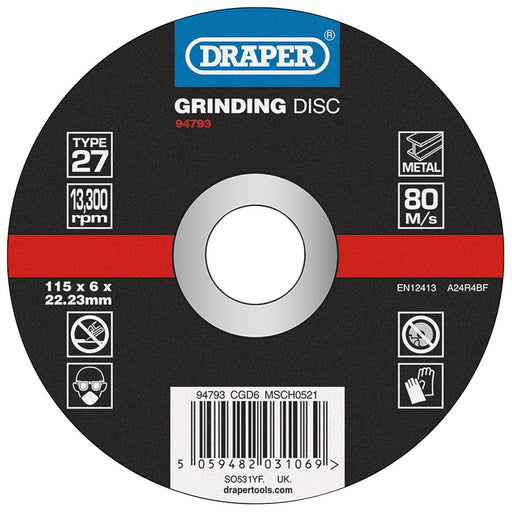 Draper DPC Metal Grinding Disc, 115 x 6 x 22.23mm 94793 Draper - Dynamic Drive