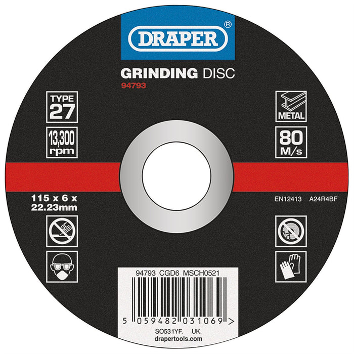 Draper DPC Metal Grinding Disc, 115 x 6 x 22.23mm 94793 Draper - Dynamic Drive