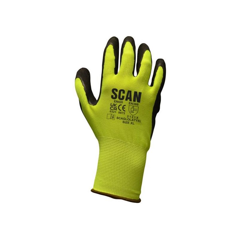 Scan Hi-Vis Yellow Foam Latex Coated Gloves - M (Size 8) Scan - Dynamic Drive