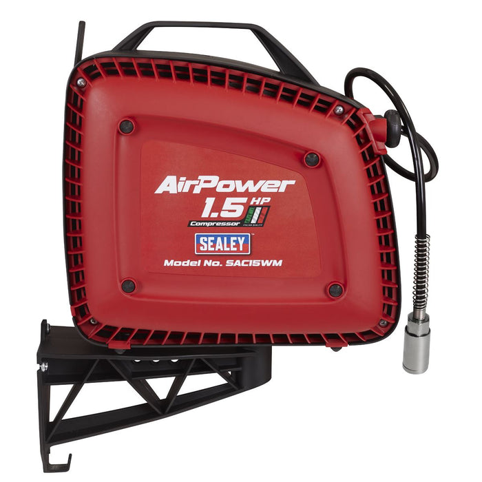 Sealey Wall Mounting Oil Free Air Compressor 1.5hp with 7m Retractable Hose Reel Sealey - Dynamic Drive