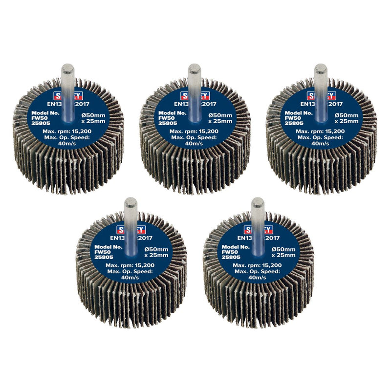 Sealey 50 x 25mm Abrasive Flap Wheel on 6mm Shaft 80Grit - Pack of 5 FW5025805 Sealey - Dynamic Drive