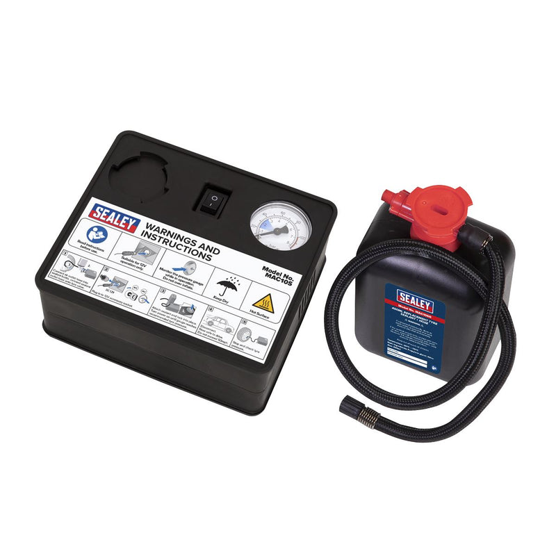 Sealey Tyre Inflator 12V & Emergency Puncture Sealant Kit MAC10S Sealey - Dynamic Drive