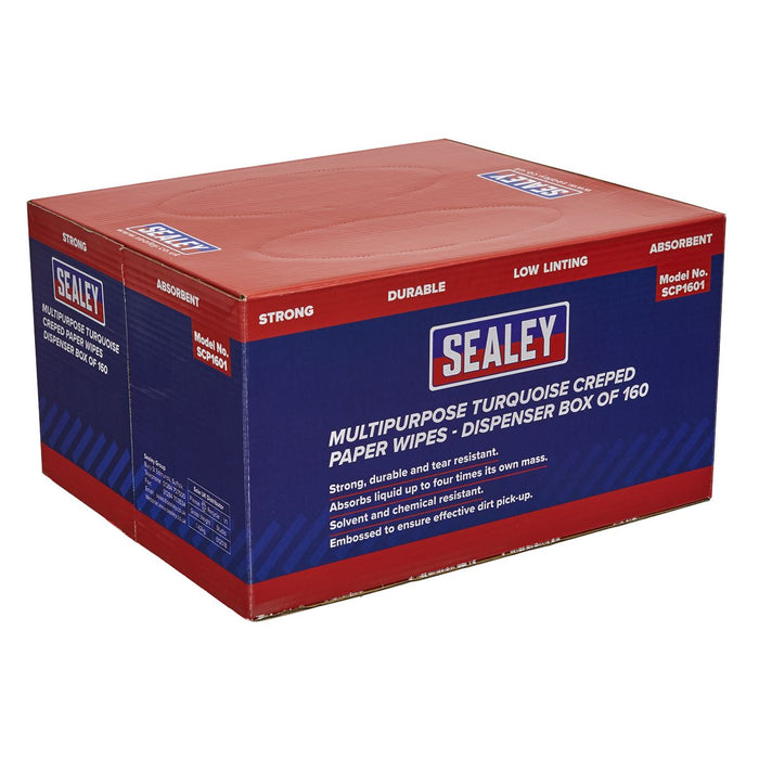 Sealey Paper Wipes in Dispenser Box - Creped Turquoise 69gsm x 160 SCP1601 Sealey  - Dynamic Drive
