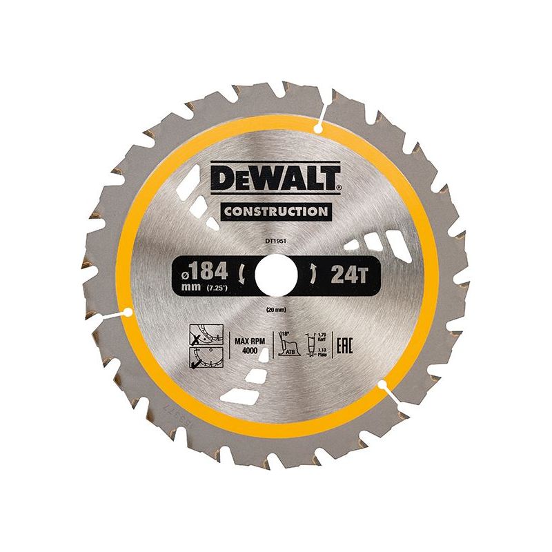Dewalt Power Tools Cordless Construction Trim Saw Blade 184 x 20mm x 24T DeWALT Power Tools - Dynamic Drive
