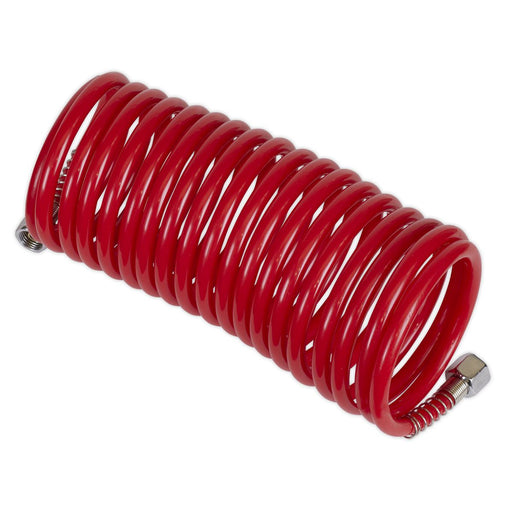 Sealey PE Coiled Air Hose Line 5m x 5mm Bore 1/4" BSP Union Fittings Couplings Sealey  - Dynamic Drive