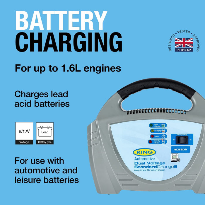 Ring Automotive - RCB206 6A Battery Charger, 6V and 12V Lead Acid Batteries, Veh Ring Automotive - Dynamic Drive