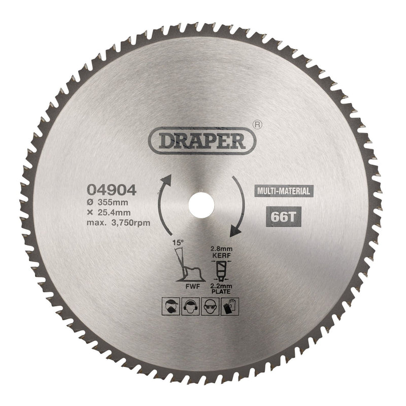 Draper TCT Multi-Purpose Circular Saw Blade, 355 x 25.4mm, 66T 04904 Draper - Dynamic Drive