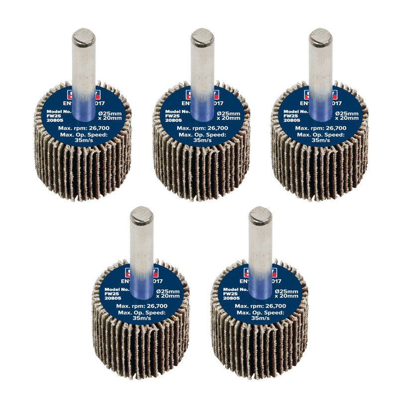 Sealey 25 x 20mm Abrasive Flap Wheel on 6mm Shaft 80Grit - Pack of 5 FW2520805 Sealey - Dynamic Drive