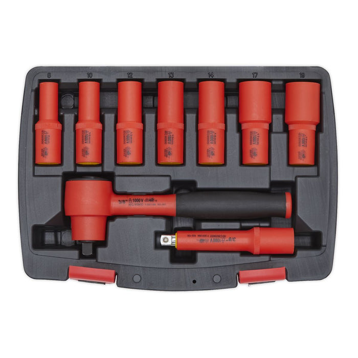 Sealey Insulated Socket Set 9pc 3/8"Sq Drive 6pt WallDrive VDE AK7942 Sealey  - Dynamic Drive