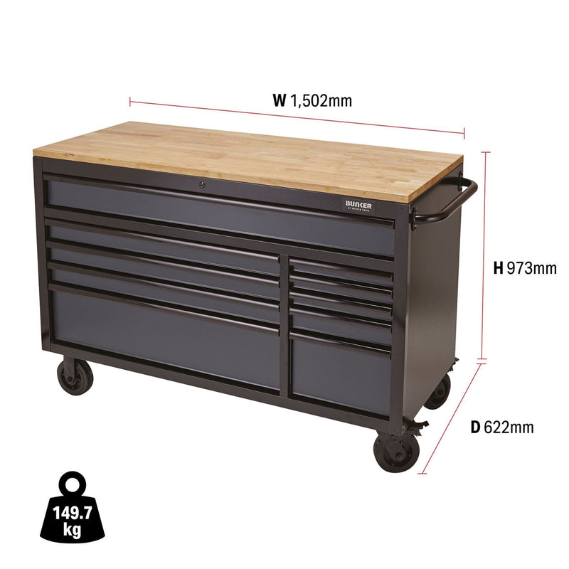 Draper BUNKER Workbench Roller Tool Cabinet, 10 Drawer, 56", Grey 08227 Draper - Dynamic Drive