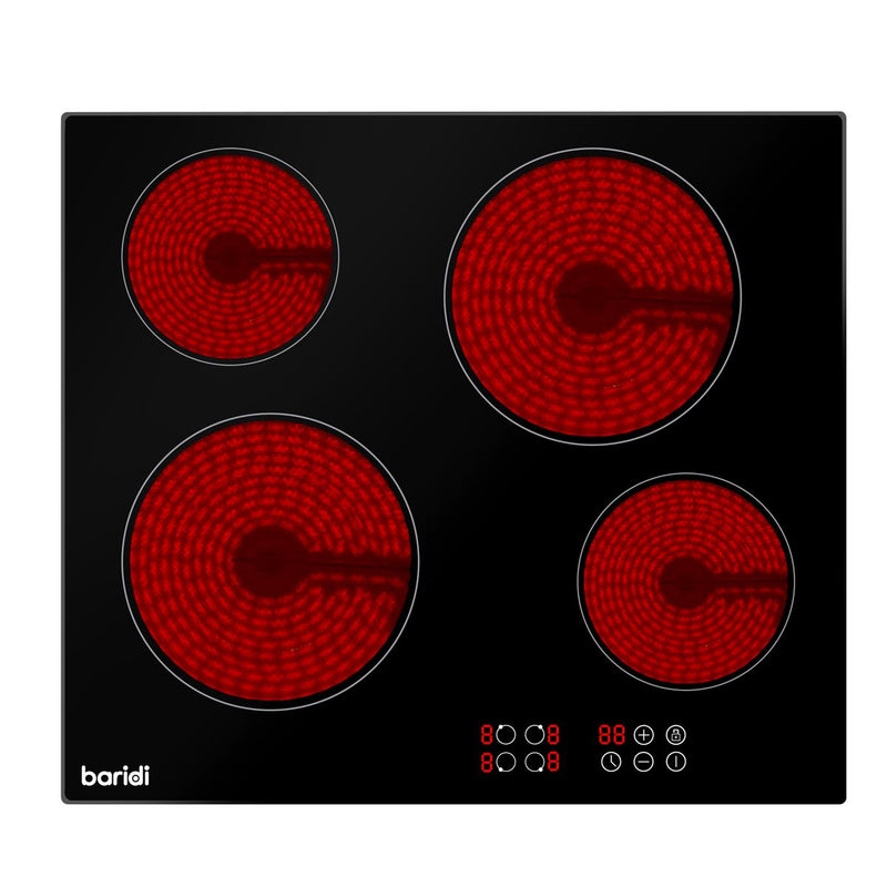 Baridi Integrated Ceramic Hob with 4 Cooking Zones 60cm - Black Glass Baridi - Dynamic Drive