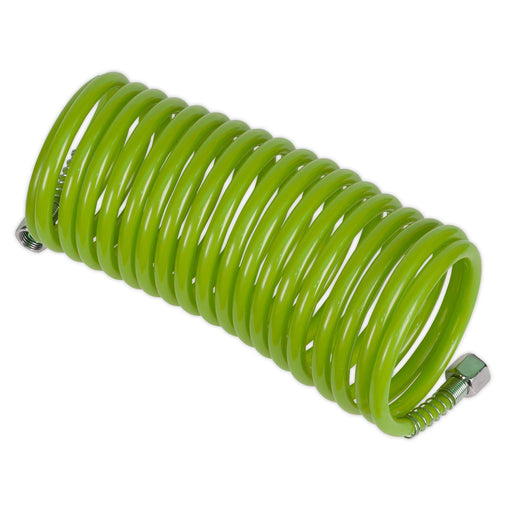 Sealey Hi-Vis Green 5m x Ã˜5mm Coiled Air Hose With 1/4" Female Couplers Recoil Sealey  - Dynamic Drive