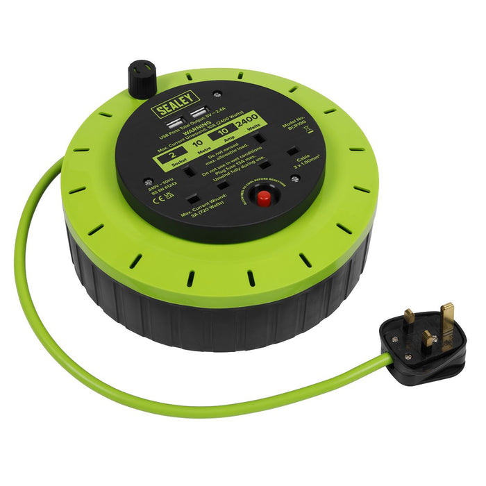 10m Cassette Type Cable Reel with Thermal Trip 2 x 230V & 2 x USB - Hi-Vis Green Sealey - Dynamic Drive