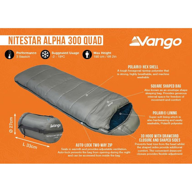 Vango Nitestar Alpha 300 Quad Sleeping Bag Square 3 Season Camping Vango - Dynamic Drive