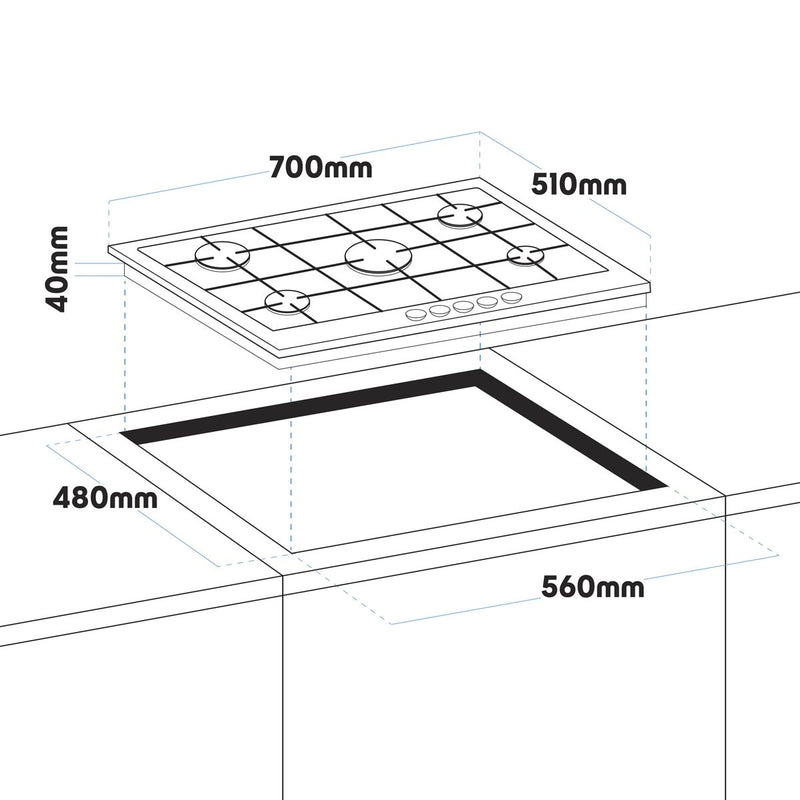 Baridi Gas Hob with 5 Cooking Zones 70cm - Stainless Steel DH227 Baridi - Dynamic Drive