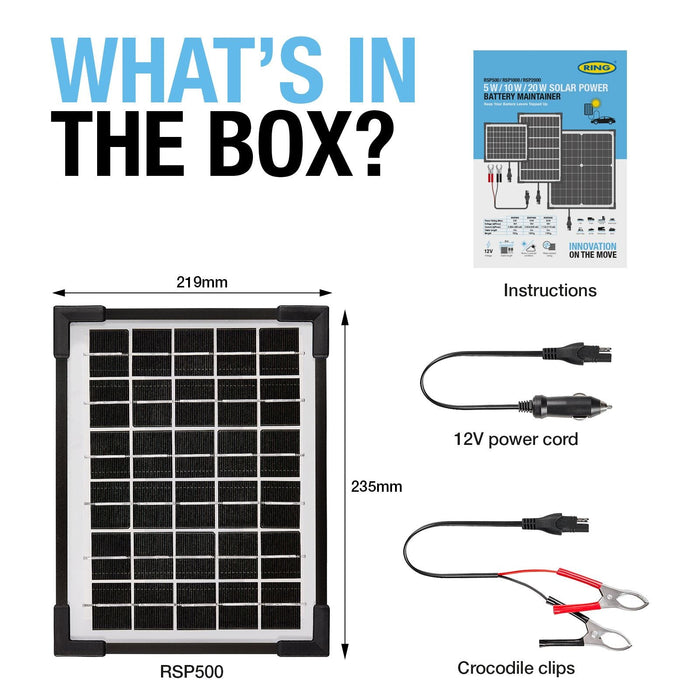 Ring Automotive RSP500 5W Solar Panel Battery Maintainer 18v Monocrystalline Cel Ring Automotive - Dynamic Drive