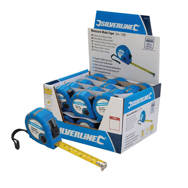 Silverline Measure Mate Tape Display Box 30pce 3m / 10ft x 16mm Silverline - Dynamic Drive