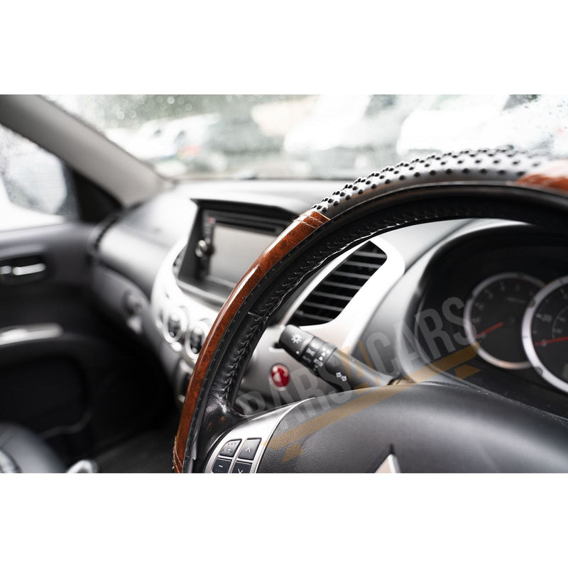 Car Steering Wheel Cover Grip Glove Black & Wood Look Effect Universal Fit Simply  - Dynamic Drive