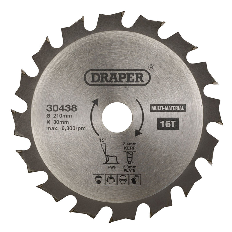 Draper TCT Multi-Purpose Circular Saw Blade, 210 x 30mm, 16T 30438 Draper - Dynamic Drive