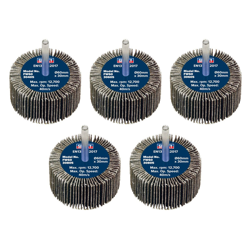 Sealey 60 x 30mm Abrasive Flap Wheel on 6mm Shaft Assorted Grit - Pack of 5 Sealey - Dynamic Drive