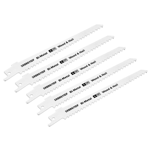 Sealey Reciprocating Saw Blade Wood & Nail 150mm 6tpi Pack of 5 SRBR611DF Sealey - Dynamic Drive