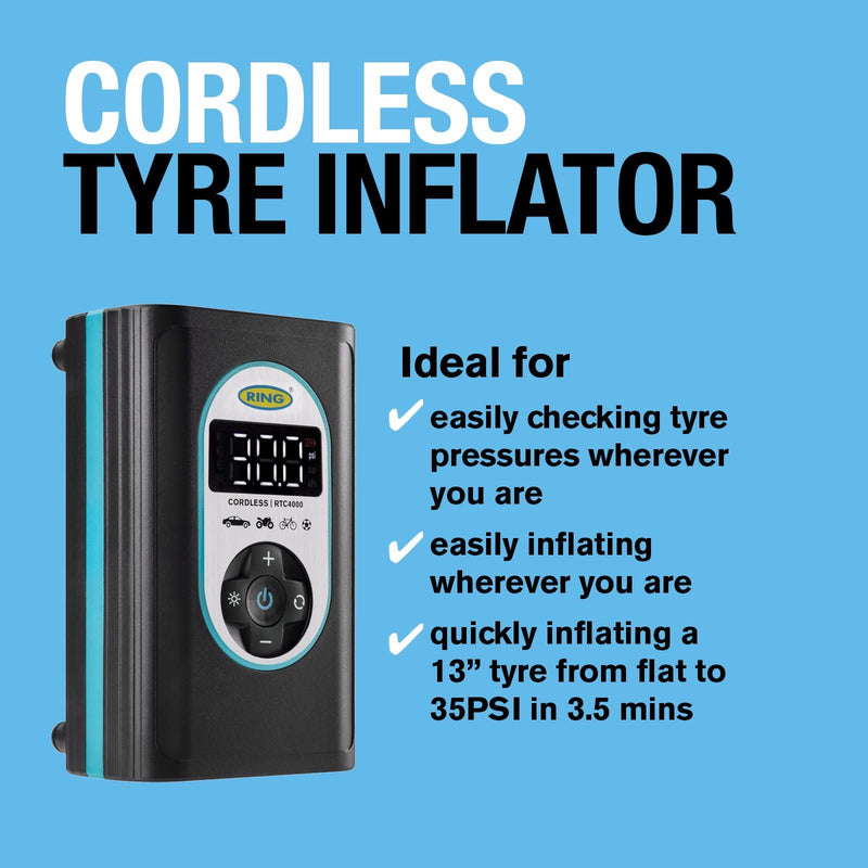 Ring Automotive RTC4000 cordless tyre inflator air compressor car pump. Recharge Ring Automotive - Dynamic Drive