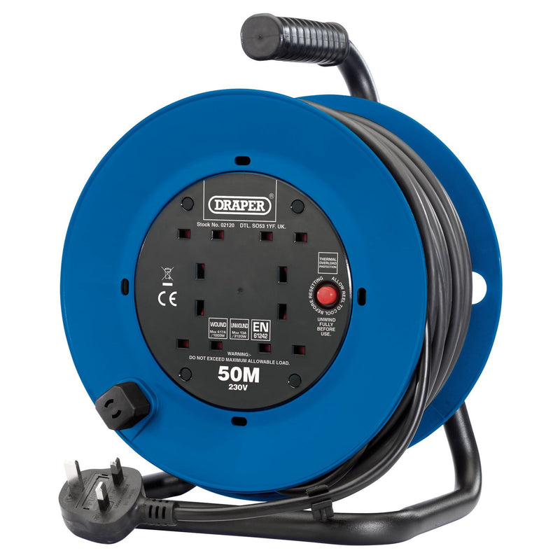Draper 230V Four Socket Industrial Cable Reel, 50m 02120 Draper - Dynamic Drive