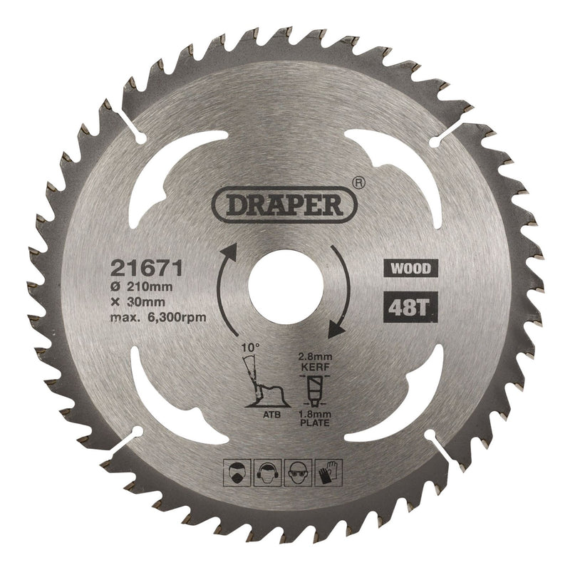 Draper TCT Circular Saw Blade for Wood, 210 x 30mm, 48T 21671 Draper - Dynamic Drive