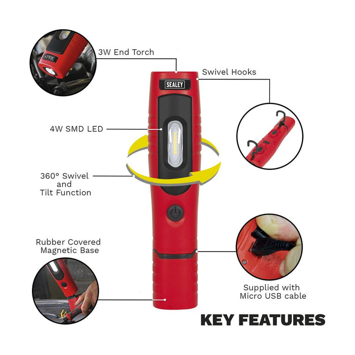 Sealey Rechargeable 360 Inspection Light 7 SMD & 3W SMD LED Red Lithium-ion Sealey - Dynamic Drive