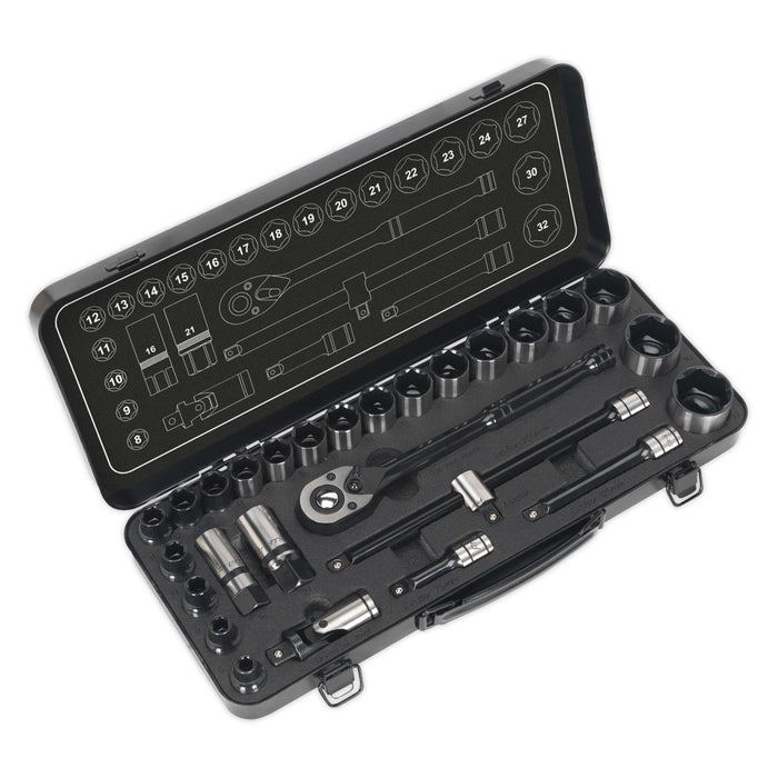 Sealey Socket Set 28pc 1/2"Sq Dr 6pt WallDrive Metric Black Series AK7972 Sealey  - Dynamic Drive