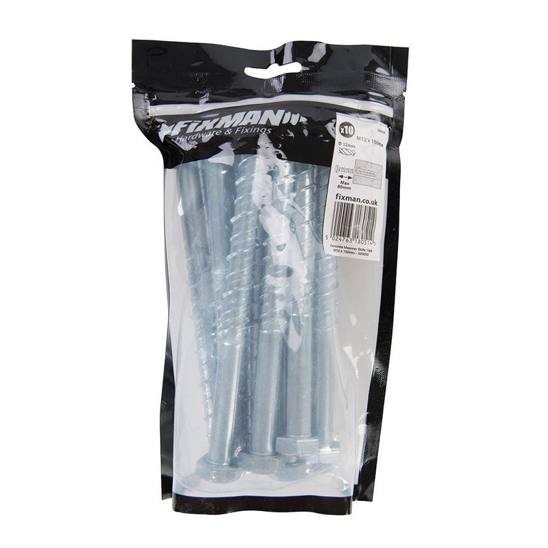 Fixman Concrete Masonry Bolts 10pk M12 x 150mm Fixman - Dynamic Drive