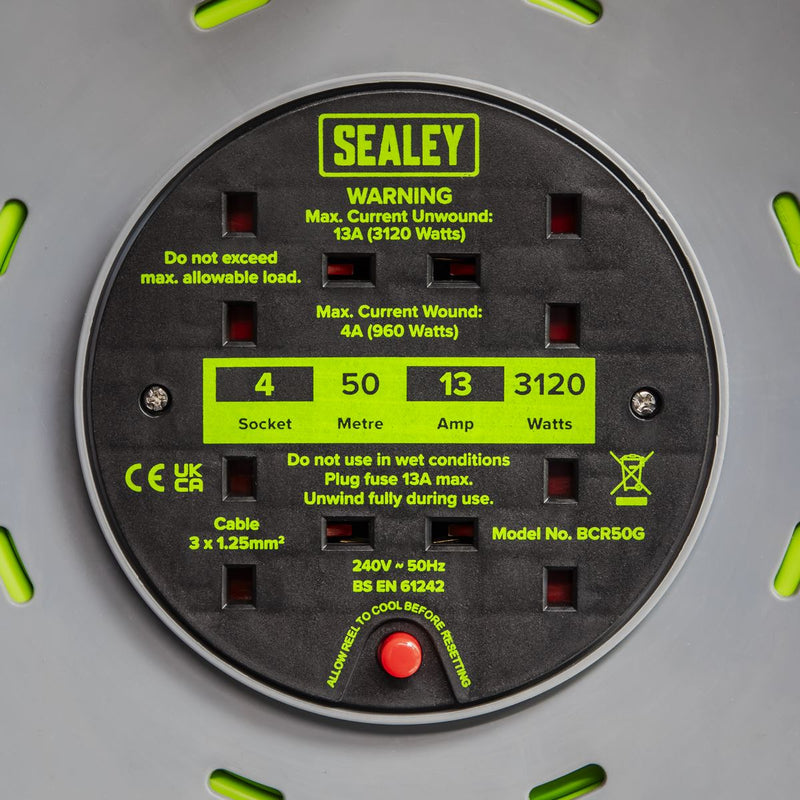 Sealey 50m Cable Reel with Thermal Trip 4 x 230V - Hi-Vis Green BCR50G Sealey - Dynamic Drive