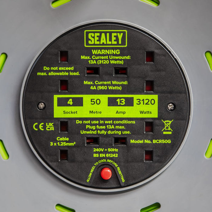 Sealey 50m Cable Reel with Thermal Trip 4 x 230V - Hi-Vis Green BCR50G Sealey - Dynamic Drive