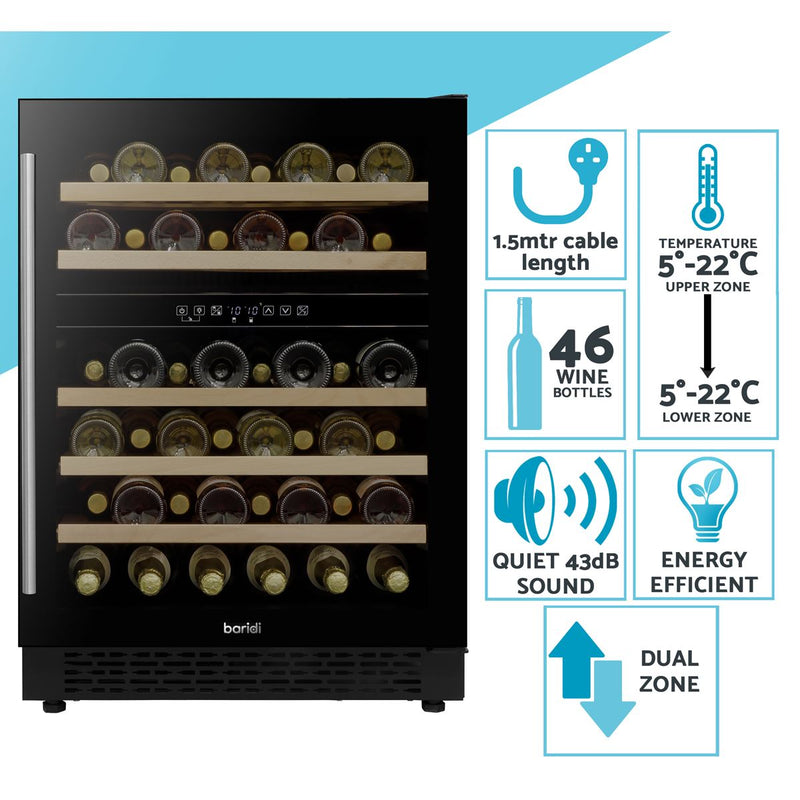 Baridi 46 Bottle Under-Counter/Freestanding Dual Zone Fridge & Cooler 60cm Baridi - Dynamic Drive