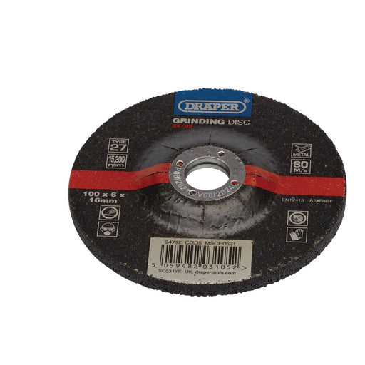 Draper DPC Metal Grinding Disc, 100 x 6 x 16mm 94792 Draper - Dynamic Drive