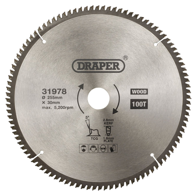 Draper TCT Triple Chip Grind Circular Saw Blade, 255 x 30mm, 100T 31978 Draper - Dynamic Drive