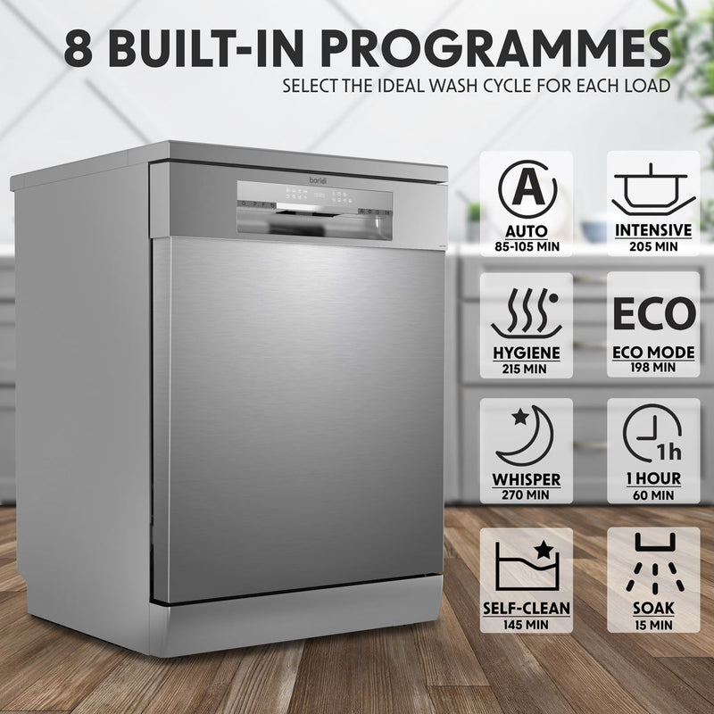 Baridi Regular Sized Freestanding Dishwasher 60cm Wide 14 Place Settings Silver Baridi - Dynamic Drive