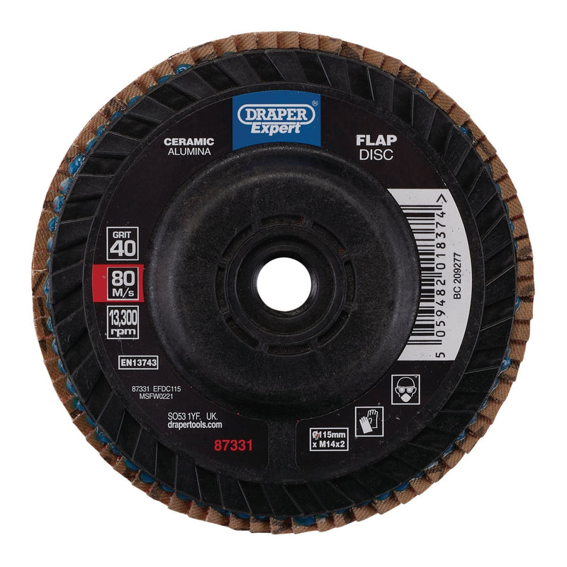 Draper Expert Ceramic Flap Disc, 115mm, M14, 40 Grit 87331 Draper - Dynamic Drive