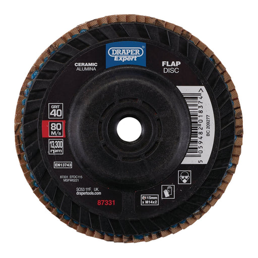 Draper Expert Ceramic Flap Disc, 115mm, M14, 40 Grit 87331 Draper - Dynamic Drive
