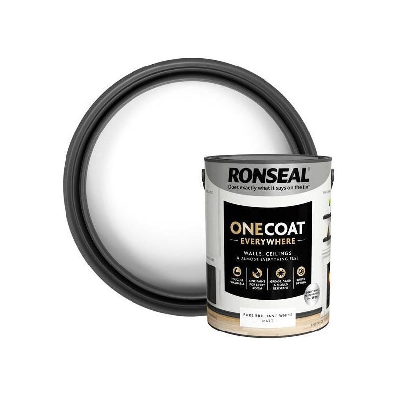 Ronseal One Coat Everywhere Interior Paint Pure Brilliant White Matt 5 litre Ronseal - Dynamic Drive